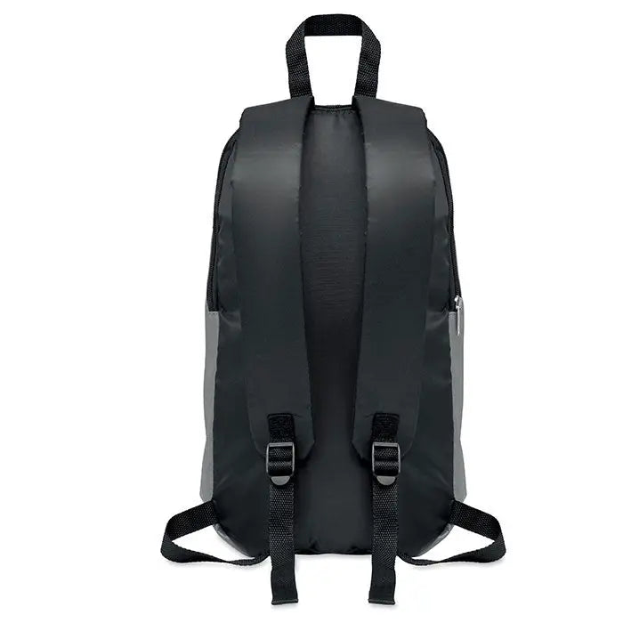 Rucsac cu buzunar frontal din nylon negru si gri, cu bretele reglabile si maner superior