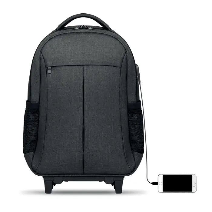 Rucsac cu carucior in 360d negru texturat cu roti integrate si port usb lateral pentru incarcare laptop