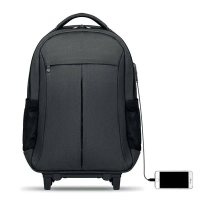 Rucsac cu carucior in 360d negru texturat cu roti integrate si port usb lateral pentru incarcare laptop