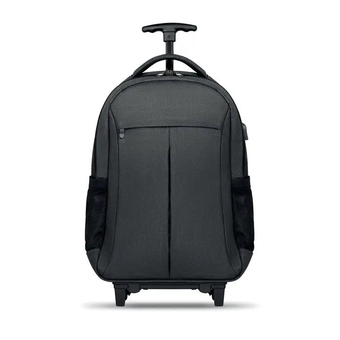 Rucsac cu carucior din material texturat negru 360d cu maner integrat si doua roti pentru transport usor