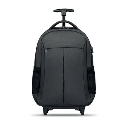 Rucsac cu carucior din material texturat negru 360d cu maner integrat si doua roti pentru transport usor