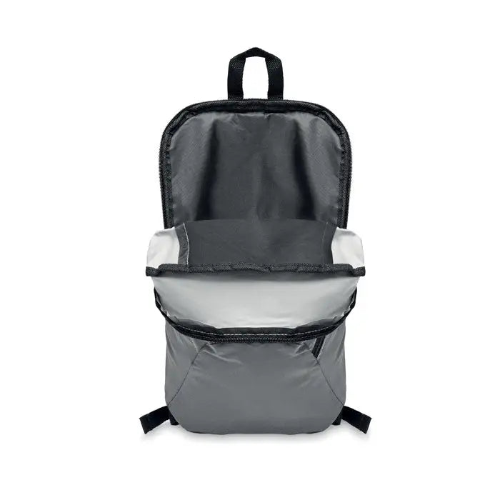 Rucsac gri minimalist din 600D cu fermoare și bretele negre și compartimente interne elegante