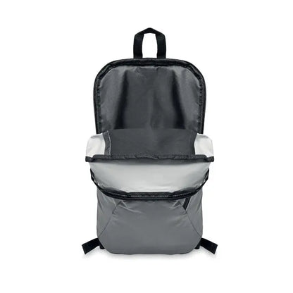Rucsac gri minimalist din 600D cu fermoare și bretele negre și compartimente interne elegante
