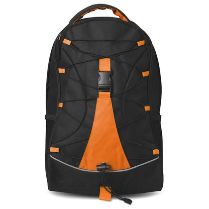 Rucsac de aventura negru si portocaliu cu panouri de plasa, curele webbing si banda reflectorizanta jos, vedere spate