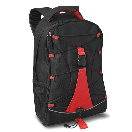 Rucsac de aventura negru si rosu cu buzunare laterale din plasa, curele intarite si material rezistent