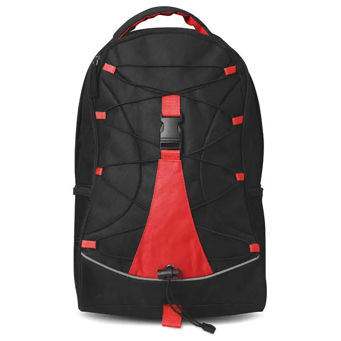 Rucsac de aventura negru si rosu cu design plasa, bretele intarite si accente reflectorizante
