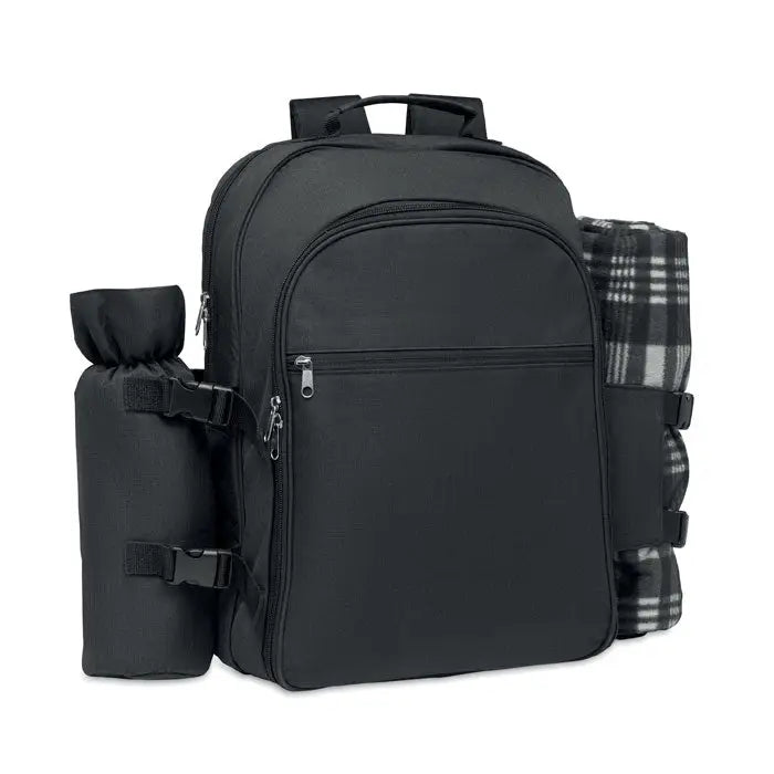 Rucsac de picnic negru din nylon pentru 4 persoane cu suport lateral izolat pentru sticlă și compartiment pentru pătură în carouri