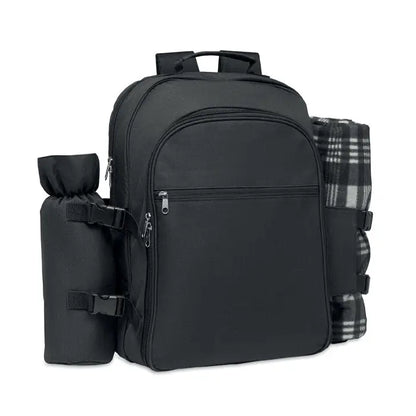 Rucsac de picnic negru din nylon pentru 4 persoane cu suport lateral izolat pentru sticlă și compartiment pentru pătură în carouri