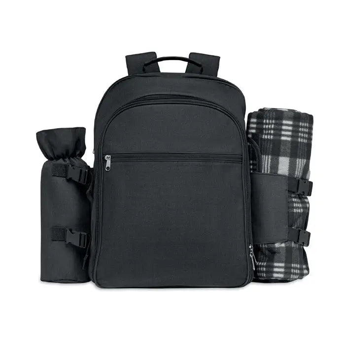 Rucsac de picnic pentru 4 persoane negru din panza cu curele laterale si suport pentru patura in carouri alb negru