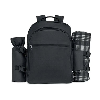 Rucsac de picnic pentru 4 persoane negru din panza cu curele laterale si suport pentru patura in carouri alb negru