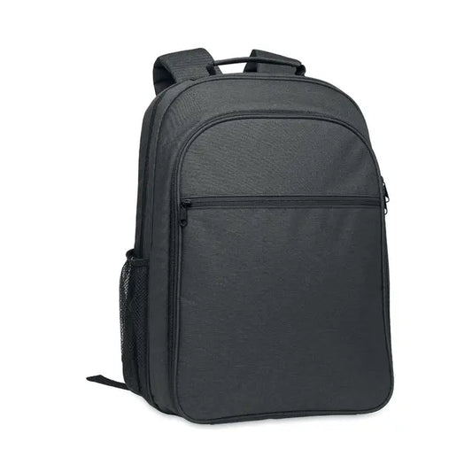 Rucsac de racire 300d rpet negru din material texturat cu buzunar frontal cu fermoar si buzunar lateral plasa