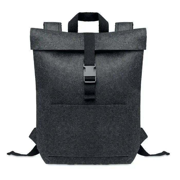 Rucsac din fetru rpet negru cu inchidere roll-top si barete negre din webbing cu finisaj mat
