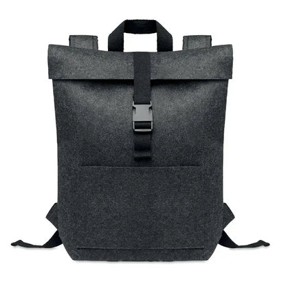 Rucsac din fetru rpet negru cu inchidere roll-top si barete negre din webbing cu finisaj mat