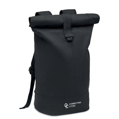 Rucsac din panza spalata negru cu design minimalist si logo alb discret la baza