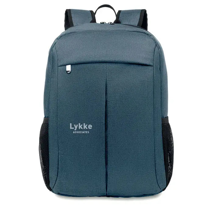 Rucsac din poliester 360d teal cu buzunare laterale din plasă neagră și bretele, logo lykke associates subtil pe față