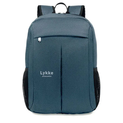 Rucsac din poliester 360d teal cu buzunare laterale din plasă neagră și bretele, logo lykke associates subtil pe față