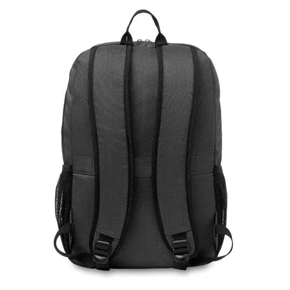Rucsac din poliester 360d negru cu textură, buzunare laterale din plasă și bretele reglabile văzut din spate