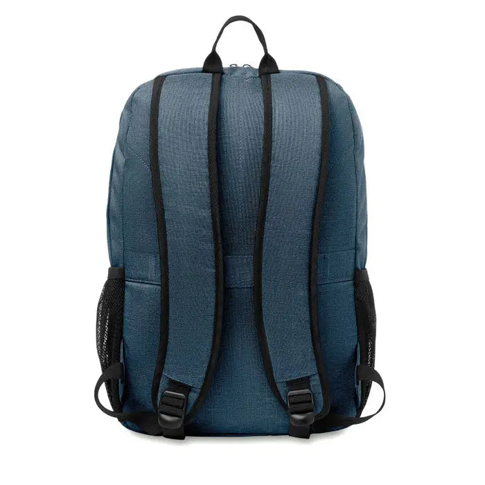 Rucsac din poliester 360d albastru cu textura, bretele negre si buzunare laterale plasa