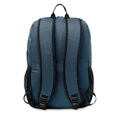 Rucsac din poliester 360d albastru cu textura, bretele negre si buzunare laterale plasa