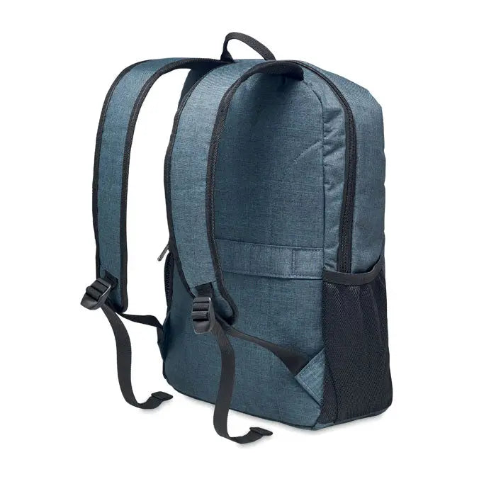 Rucsac din poliester 360d albastru texturat cu fermoare negre si buzunar lateral plasa