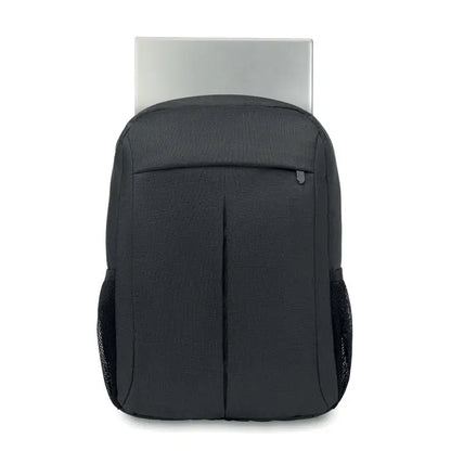 Rucsac din poliester 360d negru texturat pentru laptop cu buzunare laterale din plasa si laptop argintiu partial vizibil
