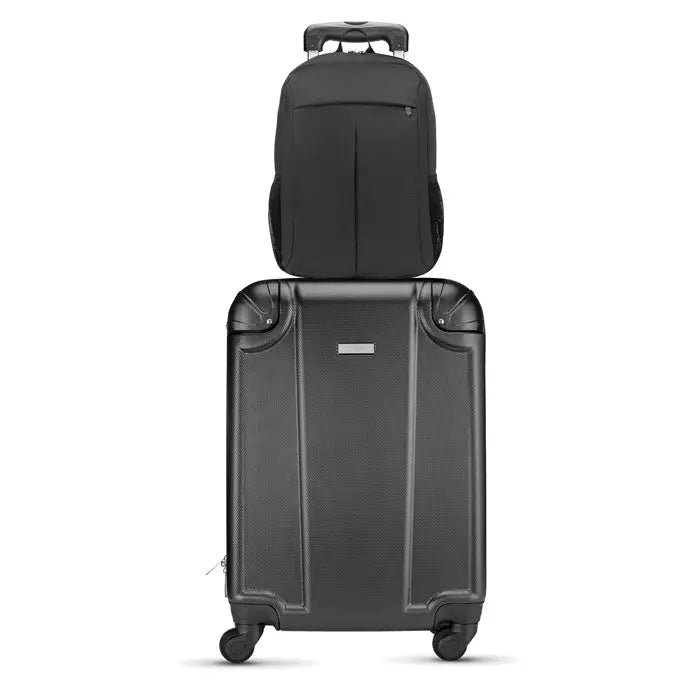 Rucsac din poliester 360d negru texturat cu troler dur negru și rucsac negru rulant peste el