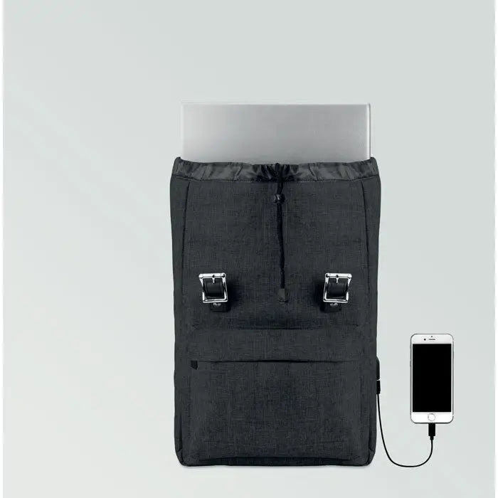 Rucsac din poliester 600d negru cu textura pentru laptop cu catarame metalice argintii si port usb lateral