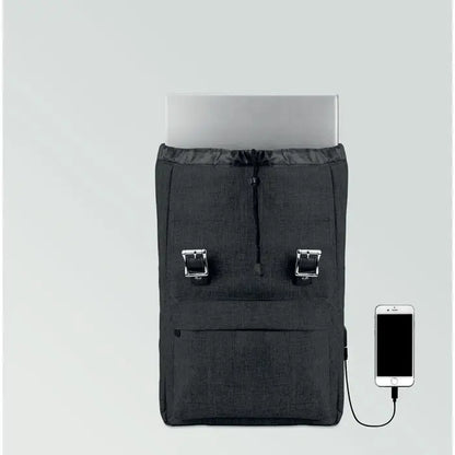Rucsac din poliester 600d negru cu textura pentru laptop cu catarame metalice argintii si port usb lateral