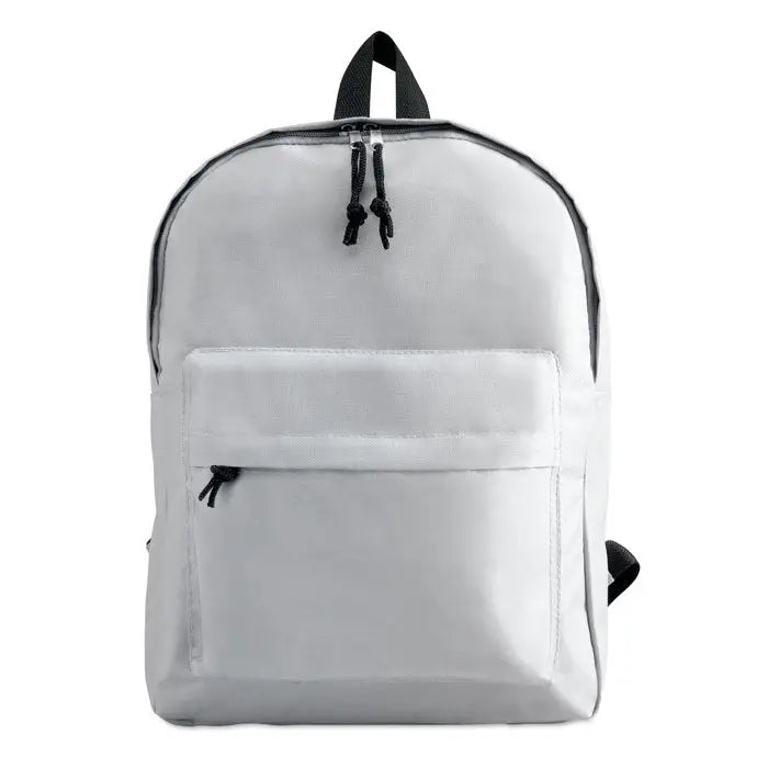 Rucsac din poliester 600d alb cu fermoare negre si detalii contrastante, ideal pentru uz zilnic