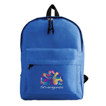 Rucsac din poliester 600d albastru cu fermoare negre si logo copac abstract colorat brodat sub textul stravaganza