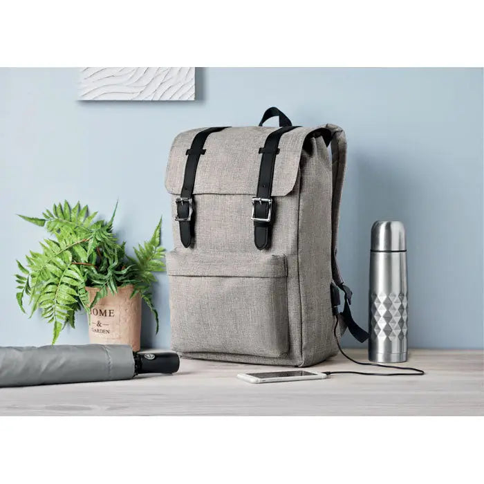 Rucsac din poliester 600d gri cu bretele din piele neagra si catarame argintii