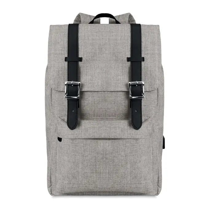 Rucsac din poliester 600d gri cu textură, cu bretele negre din piele și catarame argintii de prindere
