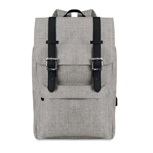 Rucsac din poliester 600d gri cu textură, cu bretele negre din piele și catarame argintii de prindere