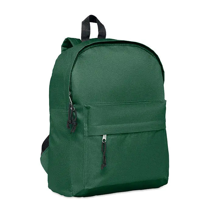 Rucsac din poliester 600d verde închis cu fermoare negre și mâner superior din pânză