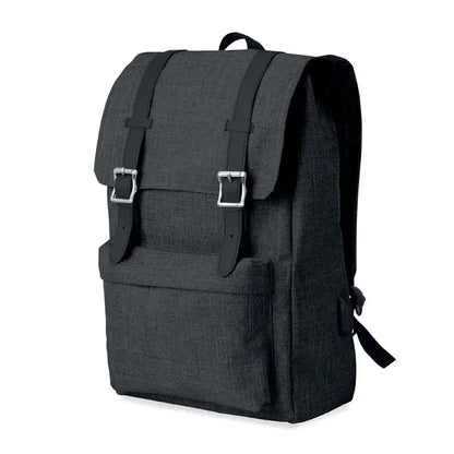 Rucsac din poliester 600d gri închis cu textură, bretele din piele neagră și catarame argintii