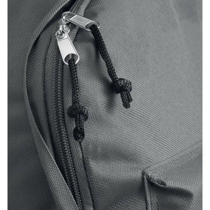 Rucsac din poliester 600d gri texturat cu fermoar si taburi negre impletite si slider metalic argintiu