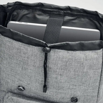 Rucsac din poliester 600d gri cu textura, inchidere cu snur negru si bretea ajustabila