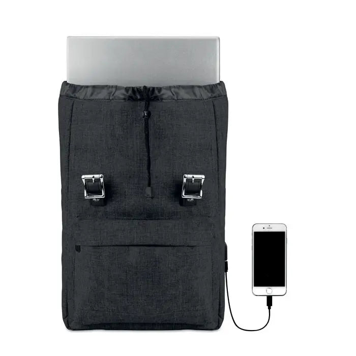 Rucsac din poliester 600d negru cu textura, catarame argintii si port usb pentru incarcare externa
