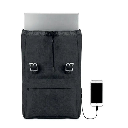 Rucsac din poliester 600d negru cu textura, catarame argintii si port usb pentru incarcare externa