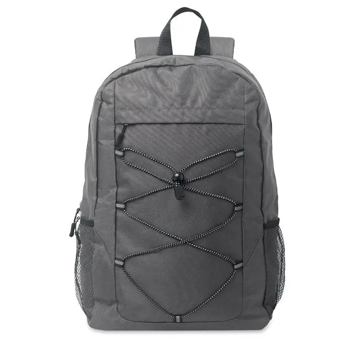 Rucsac din poliester 600d rpet gri cu snururi negre si buzunare laterale plasa pentru uz cotidian