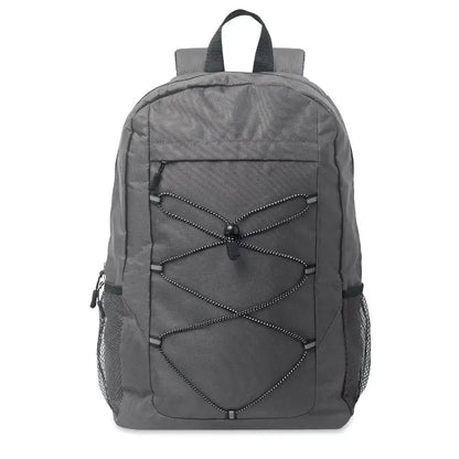 Rucsac din poliester 600d rpet gri cu snururi negre si buzunare laterale plasa pentru uz cotidian