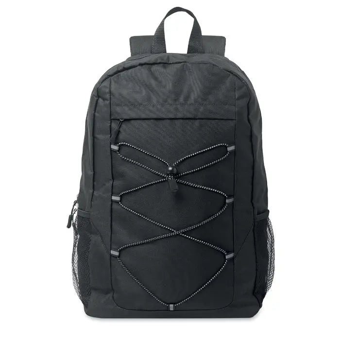 Rucsac din poliester 600d rpet negru cu design frontal cu barete incrucisate si buzunare laterale din plasa