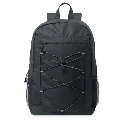 Rucsac din poliester 600d rpet negru cu design frontal cu barete incrucisate si buzunare laterale din plasa