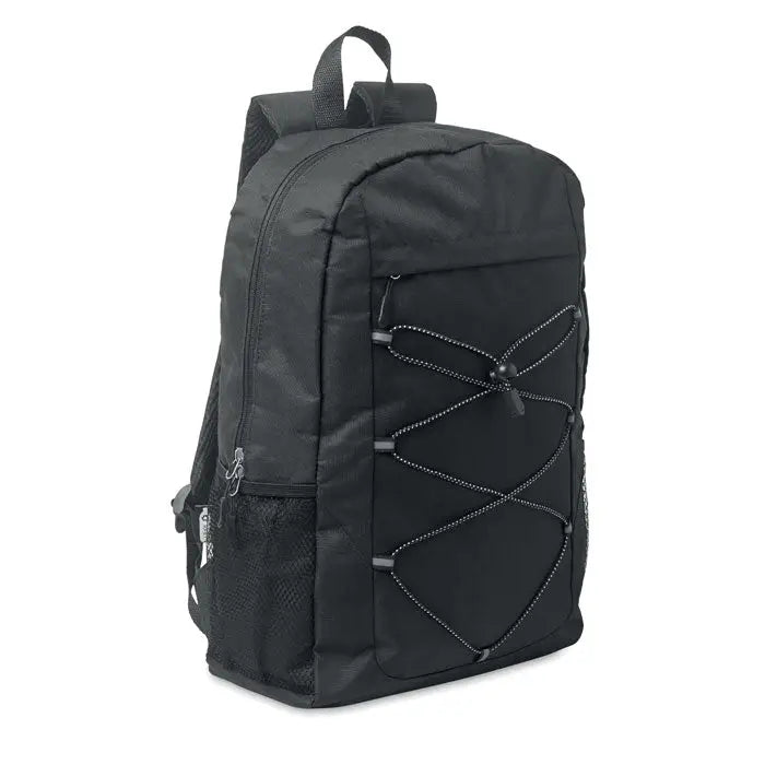 Rucsac din poliester 600d rpet negru cu cusaturi gri si bretele reglabile vazut din spate