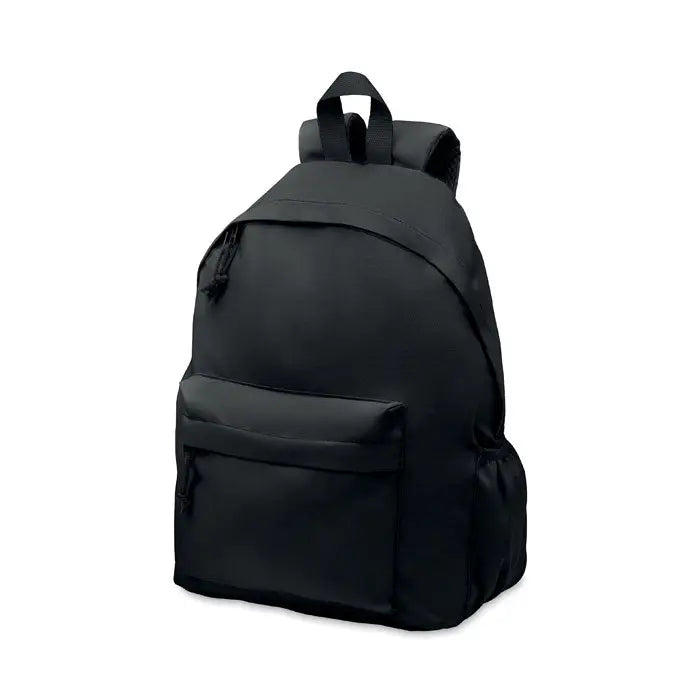 Rucsac din poliester 600d rpet negru cu buzunar frontal si buzunare laterale din plasa