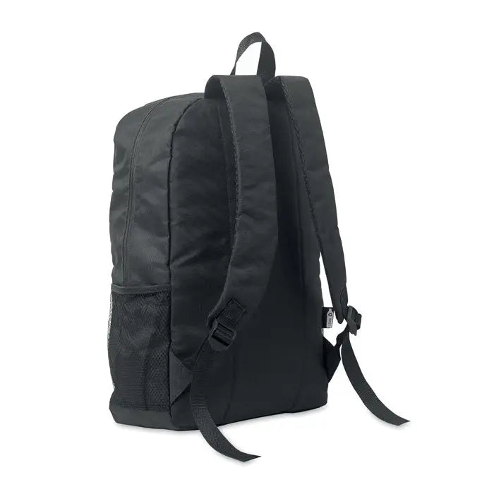 Rucsac negru din poliester 600d rpet cu buzunar plasa lateral si bretele reglabile pe partea din spate