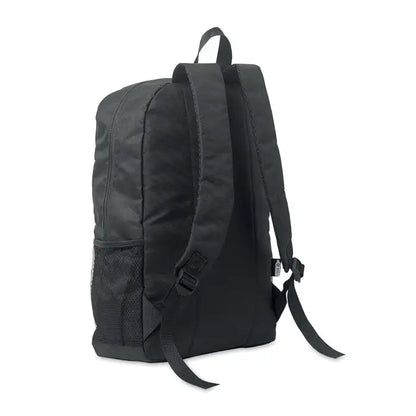 Rucsac negru din poliester 600d rpet cu buzunar plasa lateral si bretele reglabile pe partea din spate