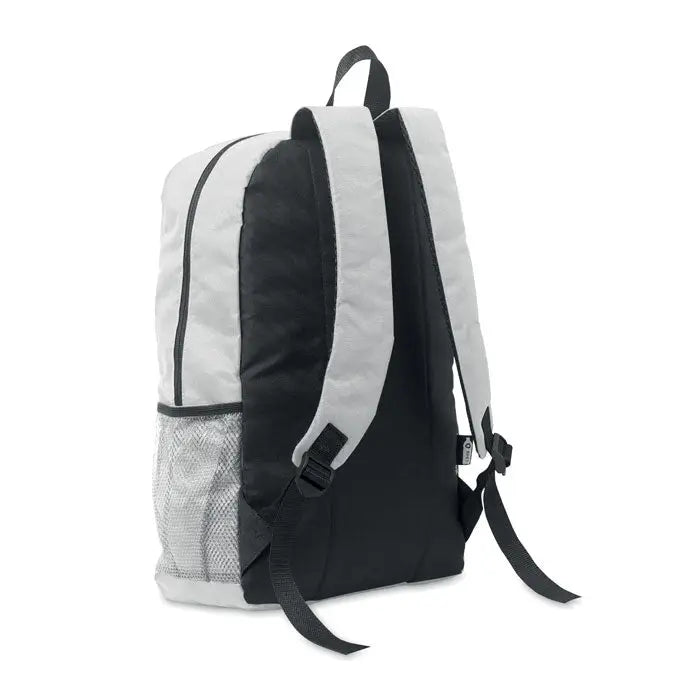 Rucsac din poliester 600d rpet negru si alb cu buzunar lateral din plasa ideal pentru uz zilnic