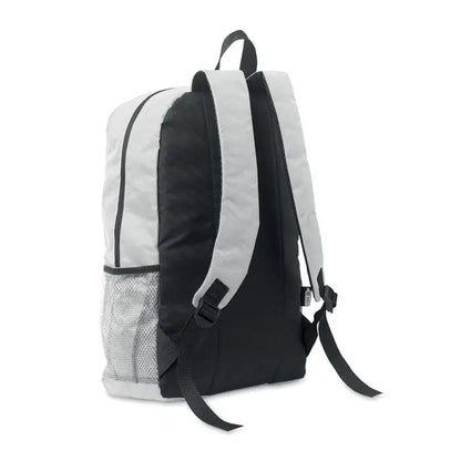 Rucsac din poliester 600d rpet negru si alb cu buzunar lateral din plasa ideal pentru uz zilnic