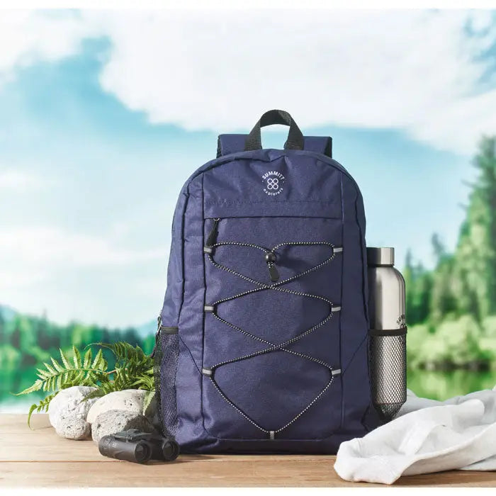 Rucsac din poliester 600d rpet navy blue navy cu fermoare negre si buzunar lateral plasa cu sticla inox